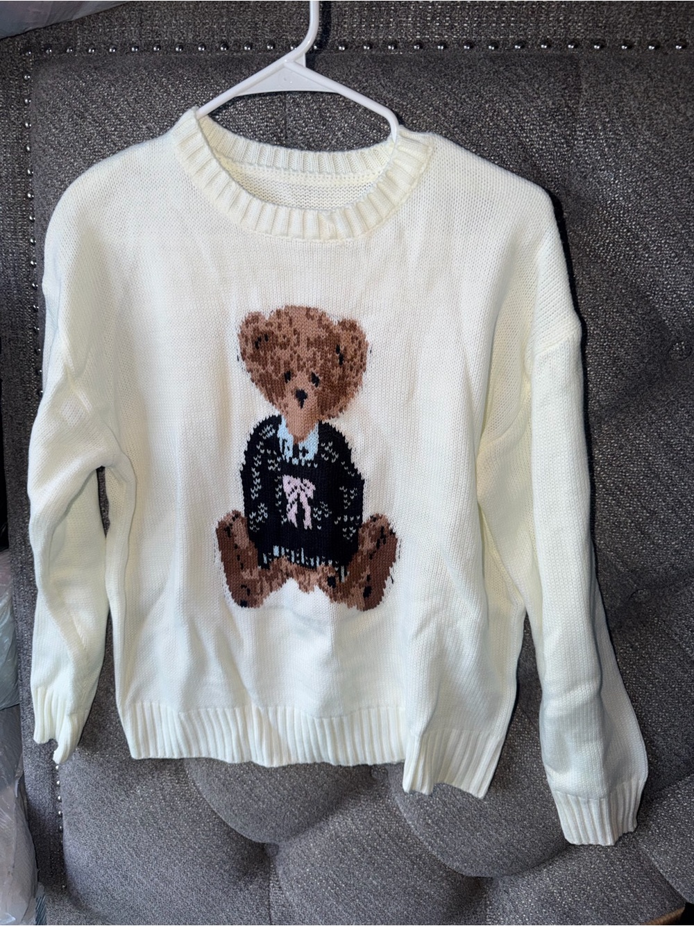 Cream Knit Sweater with Teddy Bear Motif
